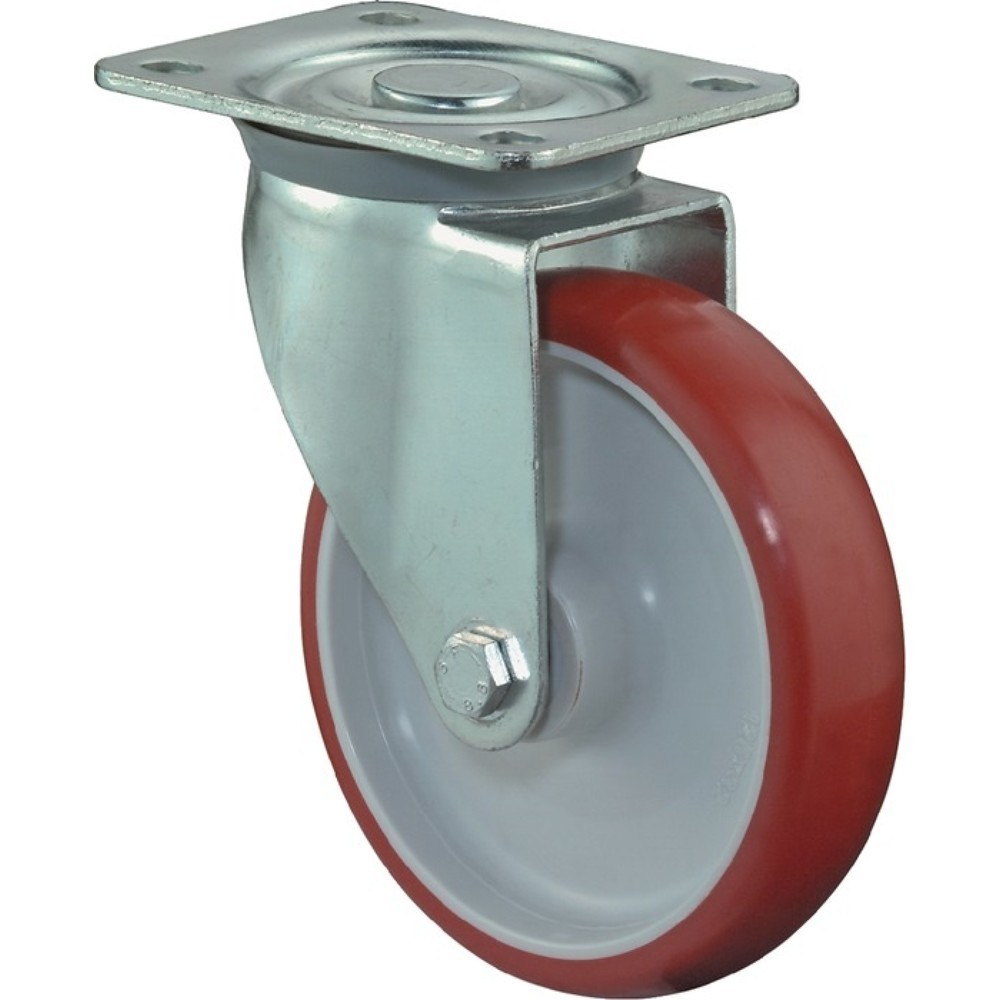 Produktabbildung: BS ROLLEN Lenkrolle, Polyurethan, Rad-Ø 200 mm Tragfähigkeit 300 kg, Platte L135xB110 mm Farbe Rolle rot