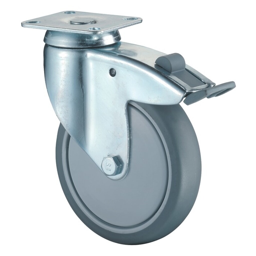 Produktabbildung: BS ROLLEN Lenkrolle mit Totalfeststeller, mit Anschraubplatte Kugellager, Rad-Ø 125 mm Tragfähigkeit 100 kg, Gummi grau