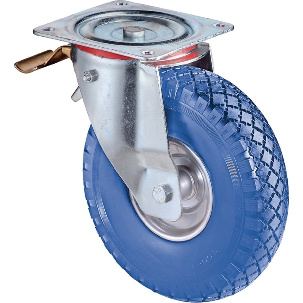BS ROLLEN Lenkrolle mit Totalfeststeller, mit Anschraubplatte Rollenlager, Rad-Ø 260 mm Tragfähigkeit 160 kg, Gummi blau Produktabbildung: BS ROLLEN Lenkrolle mit Totalfeststeller, mit Anschraubplatte Rollenlager, Rad-Ø 260 mm Tragfähigkeit 160 kg, Gummi blau