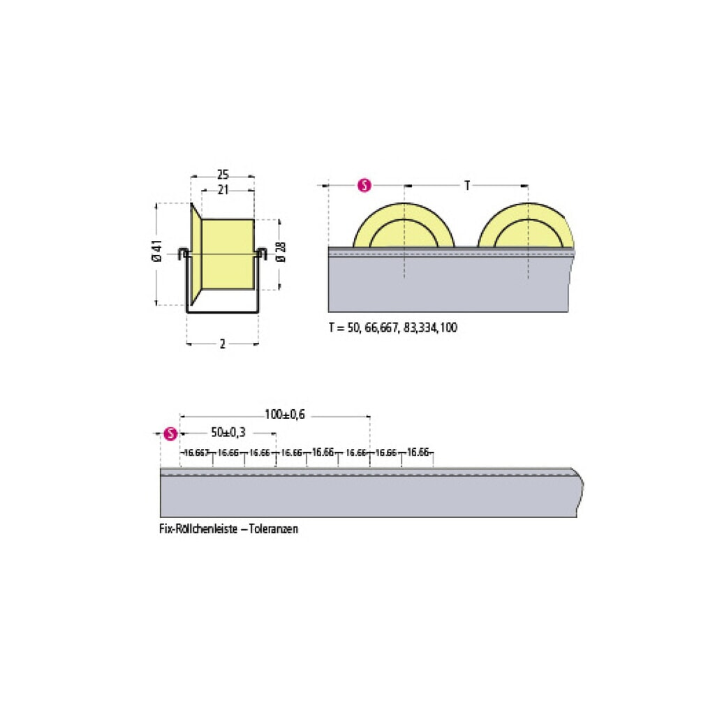 Produktabbildung Nr. 2: BS ROLLEN Röllchenschiene, langlebige Kunststoffröllchen mit Spurkranz für leichte Lasten, TK pro Rolle 5 kg, Teilung 100 mm