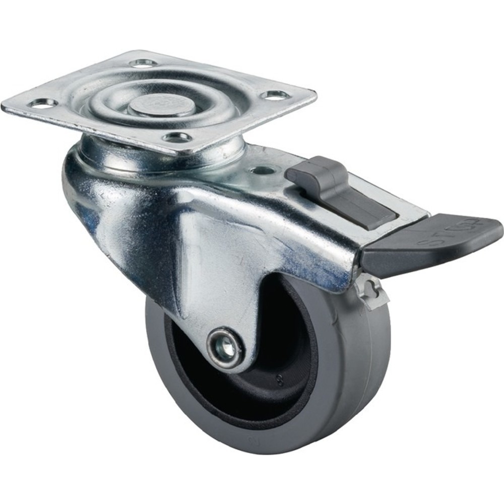 Illustration du produit: BS ROLLEN Roue directrice avec blocage total, avec plaque à visser, palier lisse, Ø de la roue 50 mm, capacité de charge 35 kg, caoutchouc gris