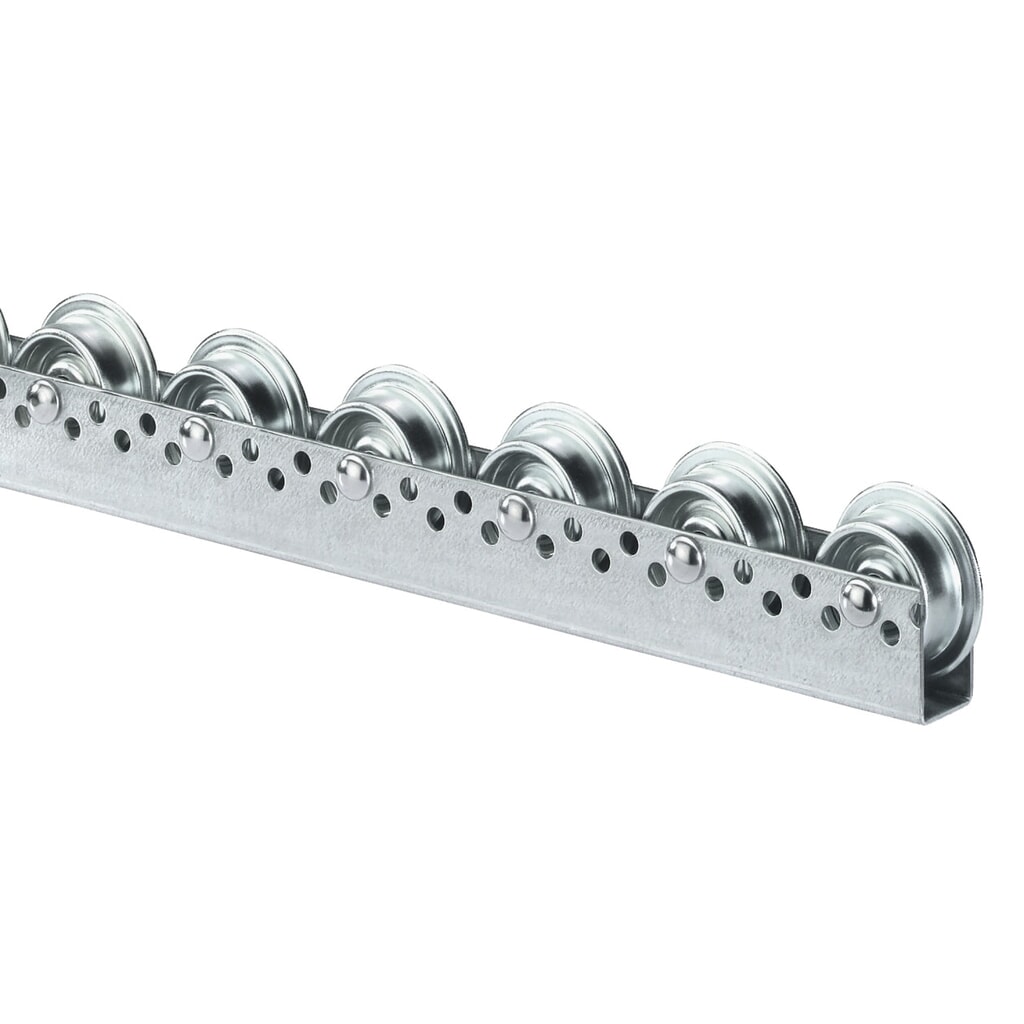 BS ROLLEN Universal-Rollenschiene, Stahlrollen mit Spurkranz für schwereres Ladegut, TK pro Rolle 20 kg, Teilung 100 mm Produktabbildung: BS ROLLEN Universal-Rollenschiene, Stahlrollen mit Spurkranz für schwereres Ladegut, TK pro Rolle 20 kg, Teilung 100 mm