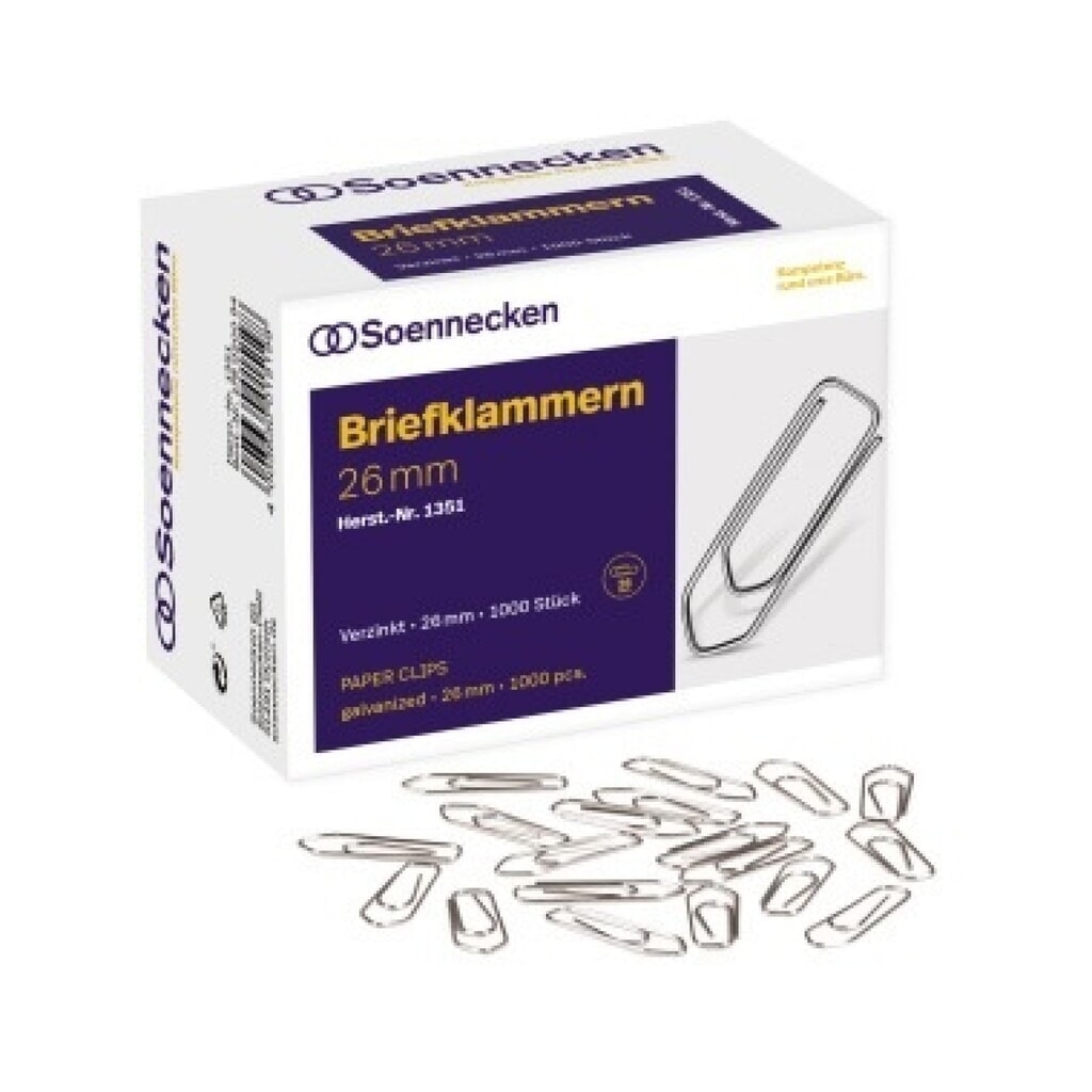 Produktabbildung: Soennecken Briefklammer 1351 26mm verzinkt 1.000 St./Pack.