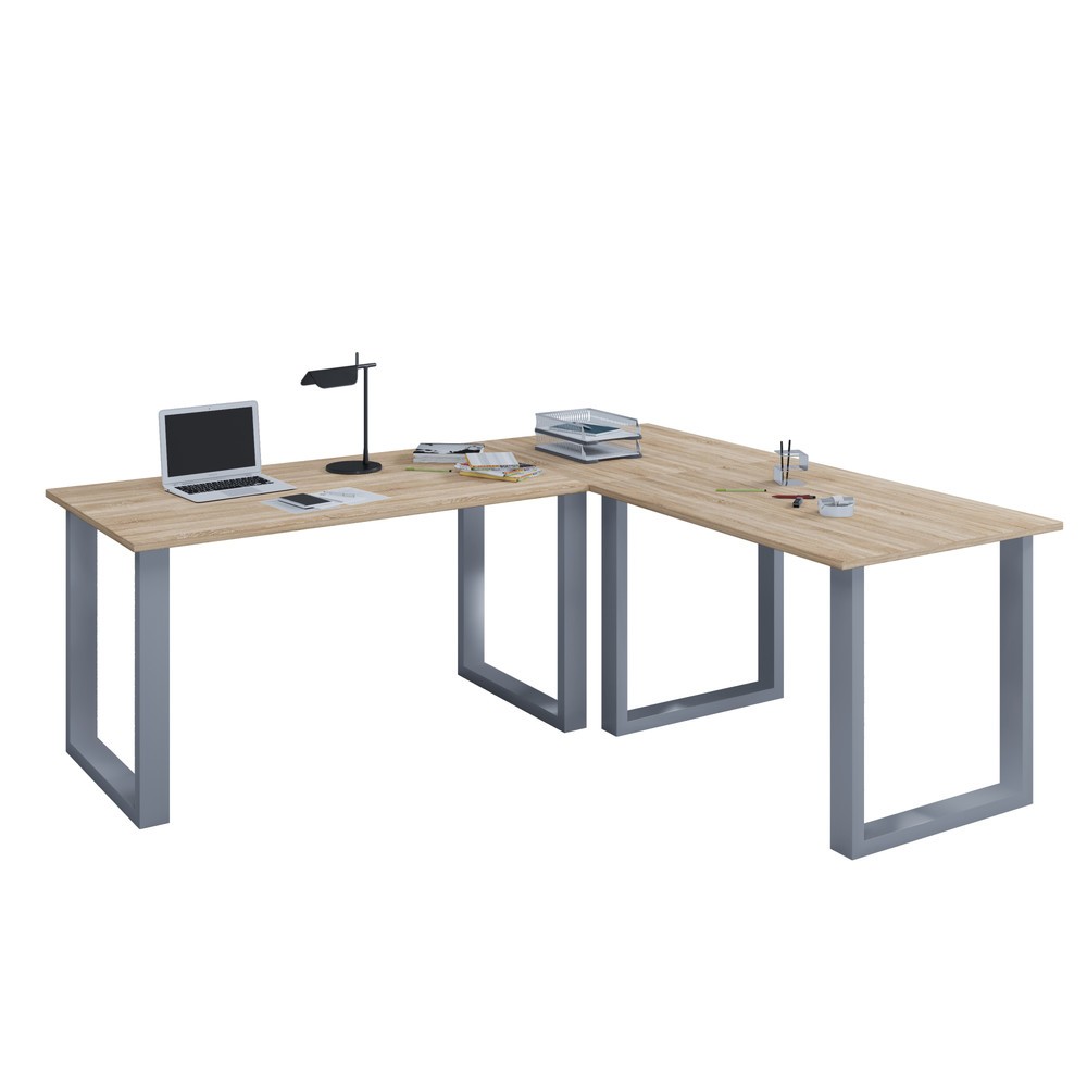 N° de l'image du produit 1 : Bureau d'angle VCM Lona, piètement en U, plateaux de LxP 1 100 x 800 et 1 100 x 800 mm, chêne Sonoma/argent