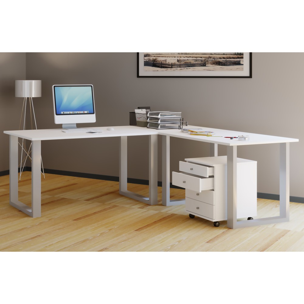 N° de l'image du produit 2 : Bureau d'angle VCM Lona, piètement en U, plateaux de LxP 1 400 x 800 et 1 100 x 800 mm, blanc/argent
