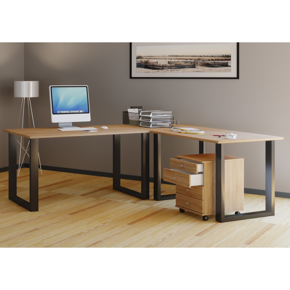 N° de l'image du produit 2 : Bureau d'angle Lona, plateaux de table LxP 1 400 x 800 et 800 x 800 mm, plaque d'angle LxP 800 x 800 mm, pieds en U, chêne Sonoma/noir