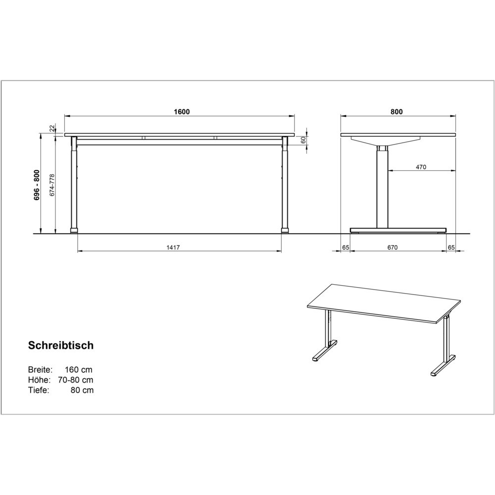 N° de l'image du produit 3 : Bureau PROFI, 1 600 x 800 mm, réglable en hauteur mécaniquement, gris clair/argenté