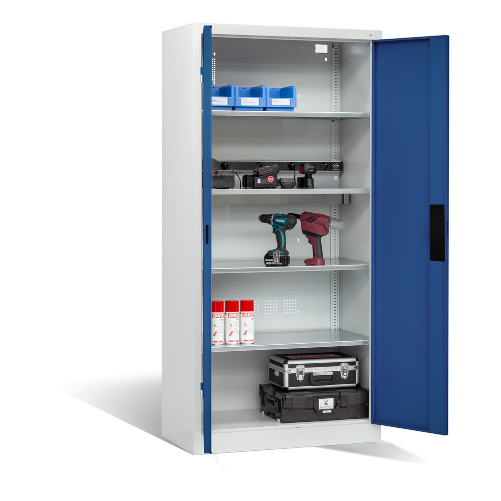 Produktabbildung Nr. 5: C+P Akku-Ladeschrank Serie 89, 1 Elektro-Einlegeboden, 5-fach-Steckdosenleiste, 3 m Zuleitung, lichtgrau/enzianblau
