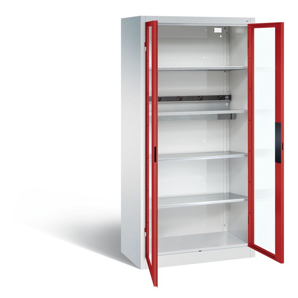 Produktabbildung Nr. 1: C+P Akku-Ladeschrank Serie 89, 1 Elektro-Einlegeboden, 5-fach-Steckdosenleiste, 3 m Zuleitung, Sichtfenster, lichtgrau/feuerrot