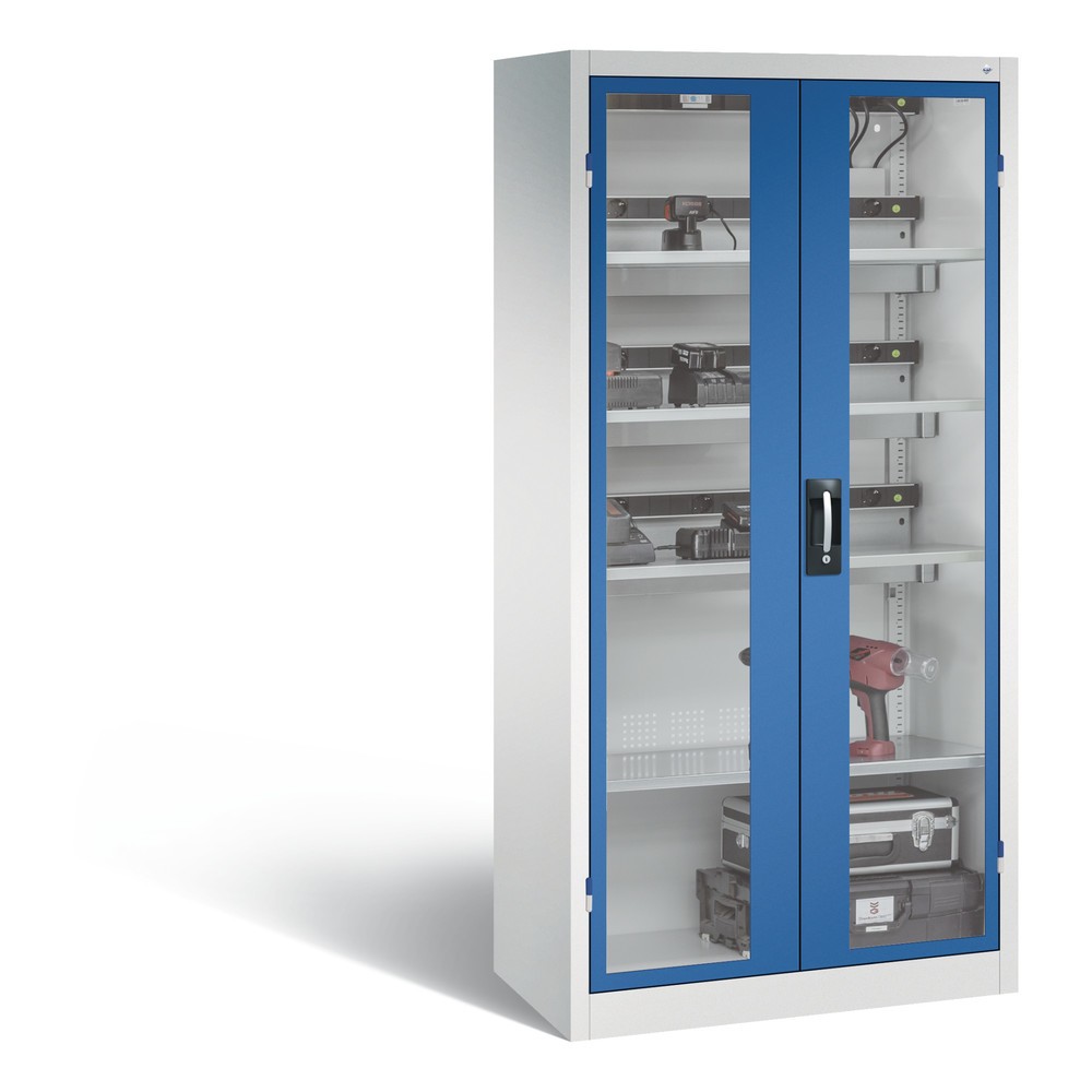 Produktabbildung Nr. 1: C+P Akku-Ladeschrank Serie 89, 3 Elektro-Einlegeböden, 5-fach-Steckdosenleiste, 3 m Zuleitung, Sichtfenster, FI-Schutzschalter, temperaturgesteuerter Lüfter, lichtgrau/enzianblau