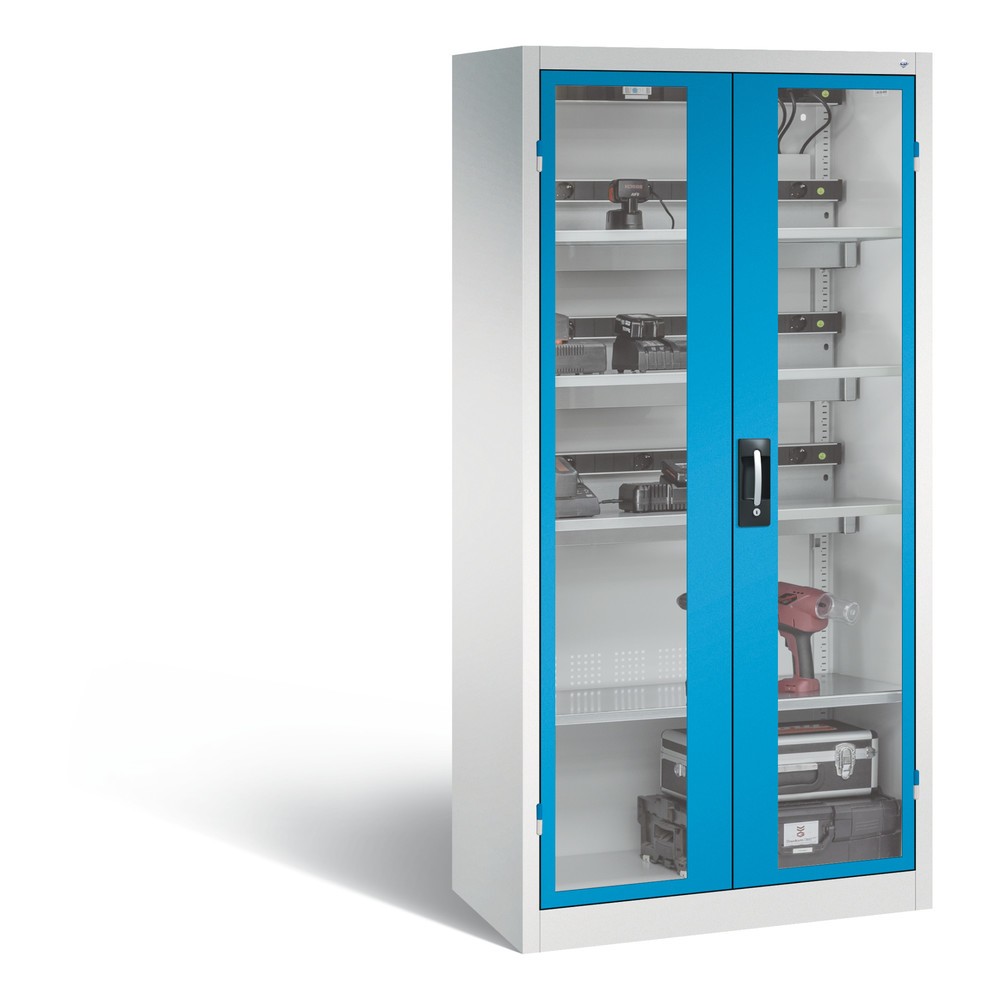 Produktabbildung Nr. 1: C+P Akku-Ladeschrank Serie 89, 3 Elektro-Einlegeböden, 5-fach-Steckdosenleiste, 3 m Zuleitung, Sichtfenster, FI-Schutzschalter, temperaturgesteuerter Lüfter, lichtgrau/lichtblau