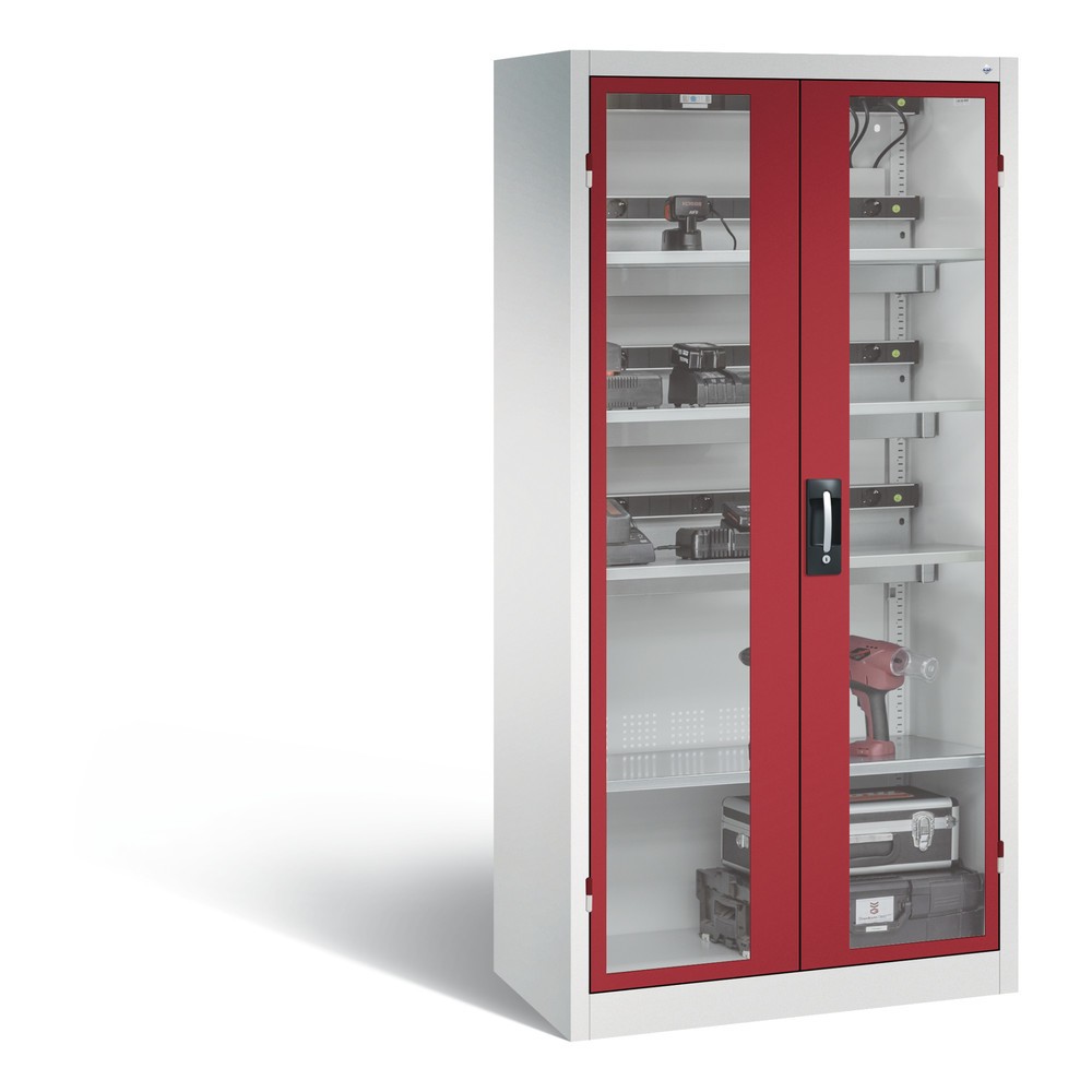 Produktabbildung Nr. 1: C+P Akku-Ladeschrank Serie 89, 3 Elektro-Einlegeböden, 5-fach-Steckdosenleiste, 3 m Zuleitung, Sichtfenster, FI-Schutzschalter, temperaturgesteuerter Lüfter, lichtgrau/rubinrot