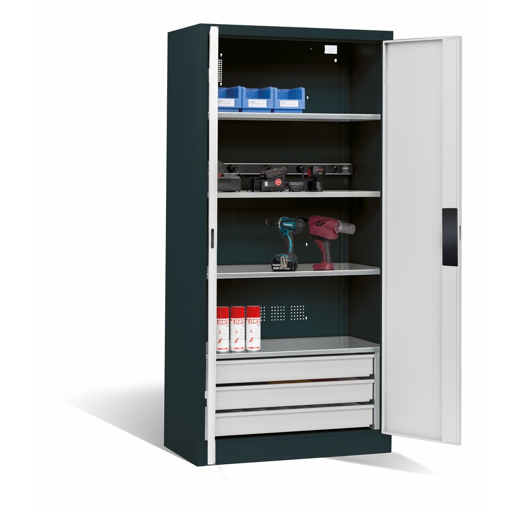 Produktabbildung Nr. 6: C+P Akku-Ladeschrank Serie 89, 3 Schubladen, 1 Elektro-Einlegeboden, 5-fach-Steckdosenleiste, 3 m Zuleitung, anthrazitgrau/lichtgrau