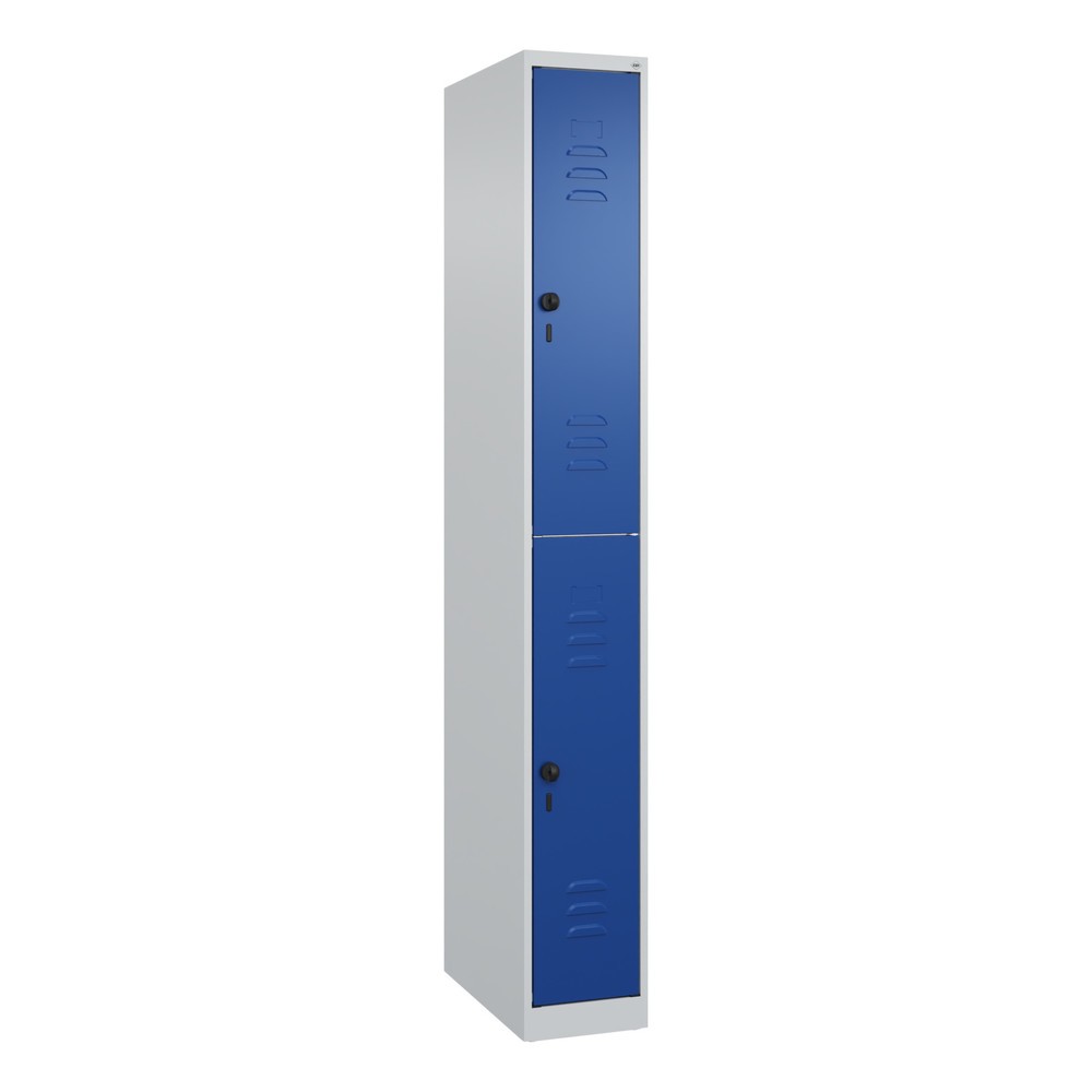 Produktabbildung: C+P Doppelstock-Spind Classic PLUS, 1 Abteil, HxBxT 1.850 x 250 x 500 mm, lichtgrau, enzianblau, für Vorhängeschloss, 2 Fächer