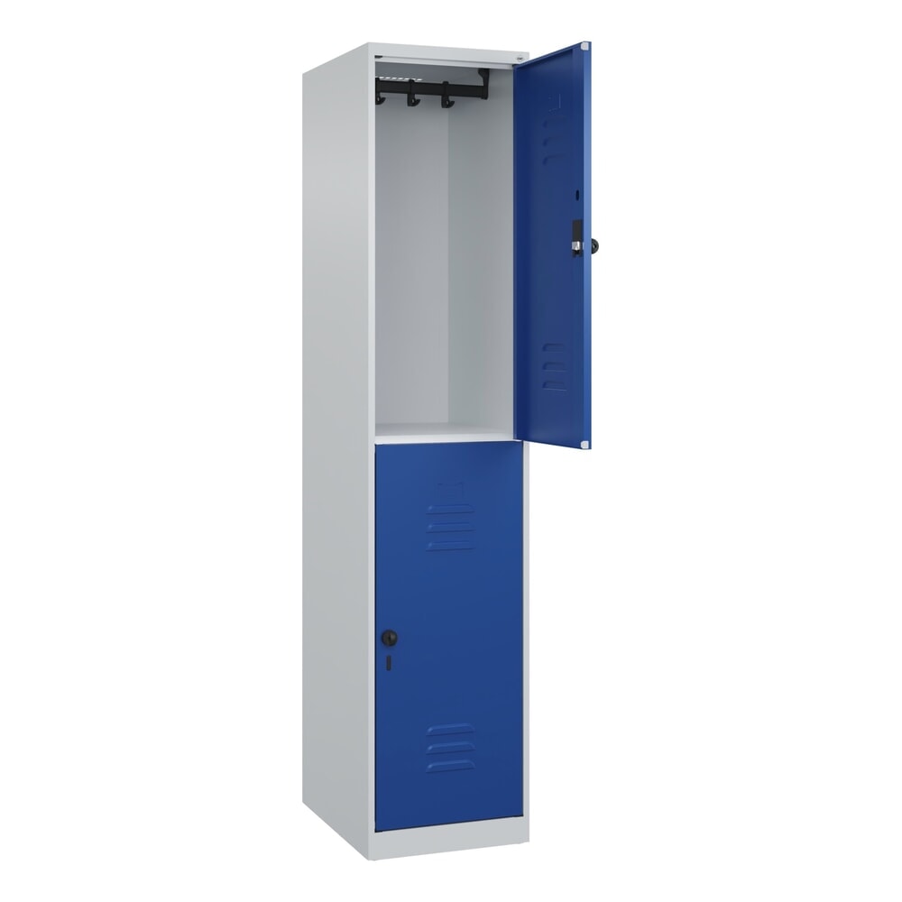 Produktabbildung: C+P Doppelstock-Spind Classic PLUS, 1 Abteil, HxBxT 1.850 x 400 x 500 mm, lichtgrau, enzianblau, für Vorhängeschloss, 2 Fächer