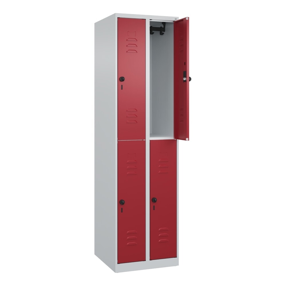 Produktabbildung Nr. 1: C+P Doppelstock-Spind Classic PLUS, 2 Abteile, HxBxT 1.850 x 500 x 500 mm, lichtgrau, rubinrot, für Vorhängeschloss, 4 Fächer