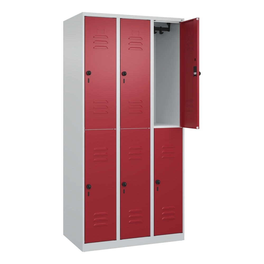 Produktabbildung Nr. 1: C+P Doppelstock-Spind Classic PLUS, 3 Abteile, HxBxT 1.850 x 900 x 500 mm, lichtgrau, rubinrot, für Vorhängeschloss, 6 Fächer