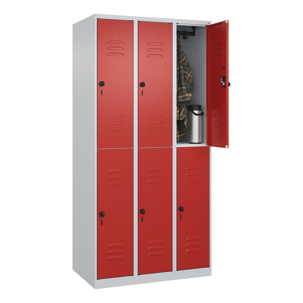 Produktabbildung Nr. 9: C+P Doppelstock-Spind Classic PLUS, 3 Abteile, HxBxT 1.850 x 900 x 500 mm, lichtgrau, rubinrot, für Vorhängeschloss, 6 Fächer