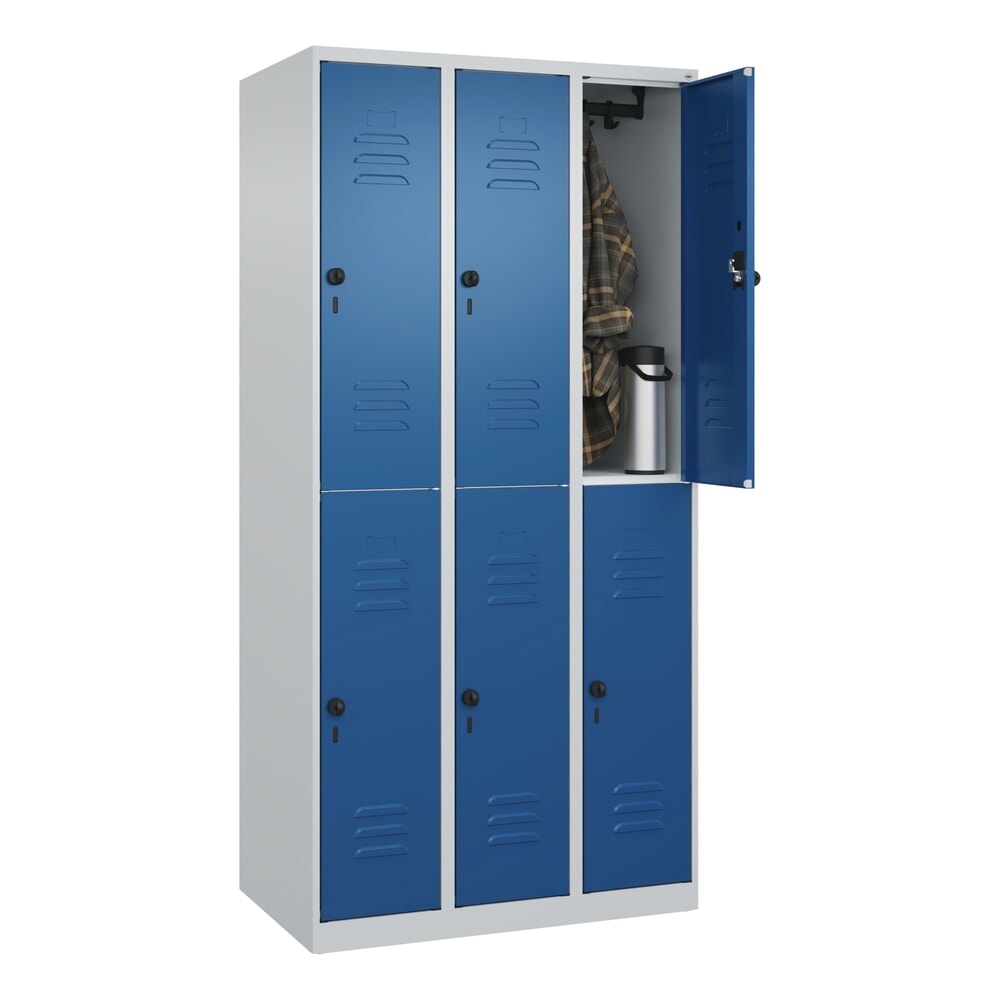 Produktabbildung Nr. 10: C+P Doppelstock-Spind Classic PLUS, 3 Abteile, HxBxT 1.850 x 900 x 500 mm, lichtgrau, enzianblau, für Vorhängeschloss, 6 Fächer
