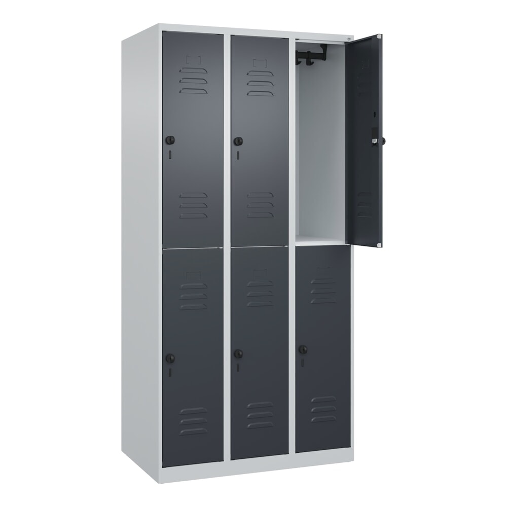 Produktabbildung: C+P Doppelstock-Spind Classic PLUS, 3 Abteile, HxBxT 1.850 x 900 x 500 mm, lichtgrau, anthrazitgrau, für Vorhängeschloss, 6 Fächer