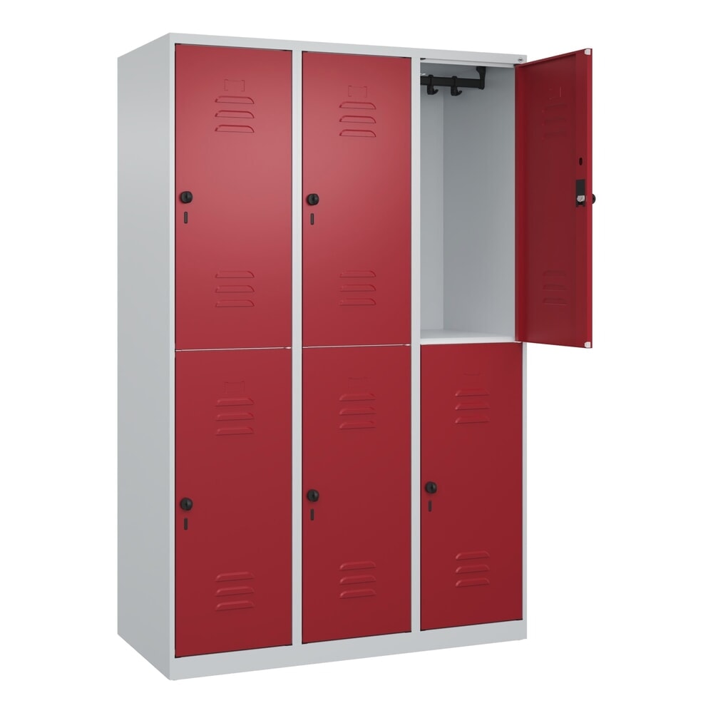 Produktabbildung: C+P Doppelstock-Spind Classic PLUS, 3 Abteile, HxBxT 1.850 x 1.200 x 500 mm, lichtgrau, rubinrot, für Vorhängeschloss, 6 Fächer