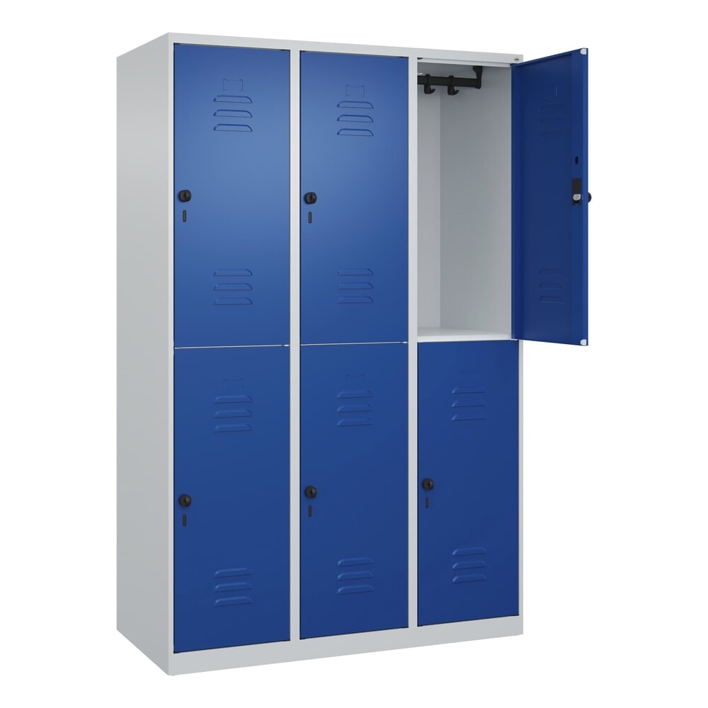 Produktabbildung: C+P Doppelstock-Spind Classic PLUS, 3 Abteile, HxBxT 1.850 x 1.200 x 500 mm, lichtgrau, enzianblau, für Vorhängeschloss, 6 Fächer