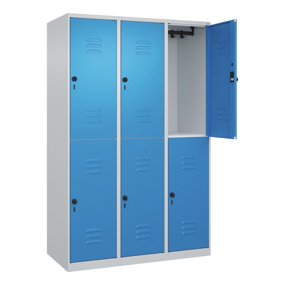 Produktabbildung: C+P Doppelstock-Spind Classic PLUS, 3 Abteile, HxBxT 1.850 x 1.200 x 500 mm, lichtgrau, lichtblau, für Vorhängeschloss, 6 Fächer