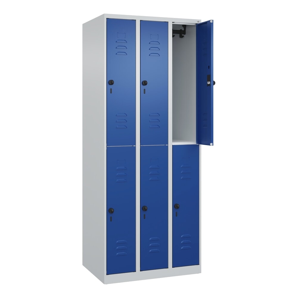 Produktabbildung: C+P Doppelstock-Spind Classic PLUS, 3 Abteile, HxBxT 1.850 x 750 x 500 mm, lichtgrau, enzianblau, für Vorhängeschloss, 6 Fächer