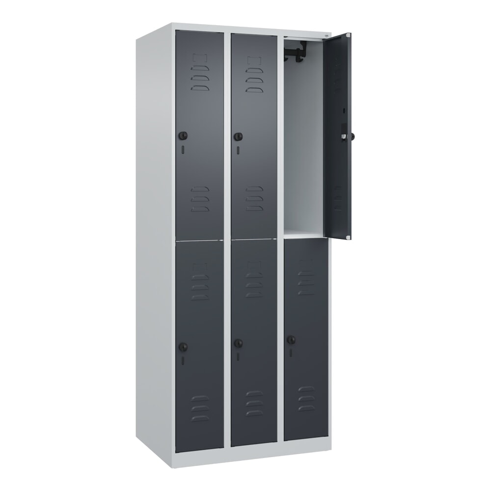 Produktabbildung: C+P Doppelstock-Spind Classic PLUS, 3 Abteile, HxBxT 1.850 x 750 x 500 mm, lichtgrau, anthrazitgrau, für Vorhängeschloss, 6 Fächer