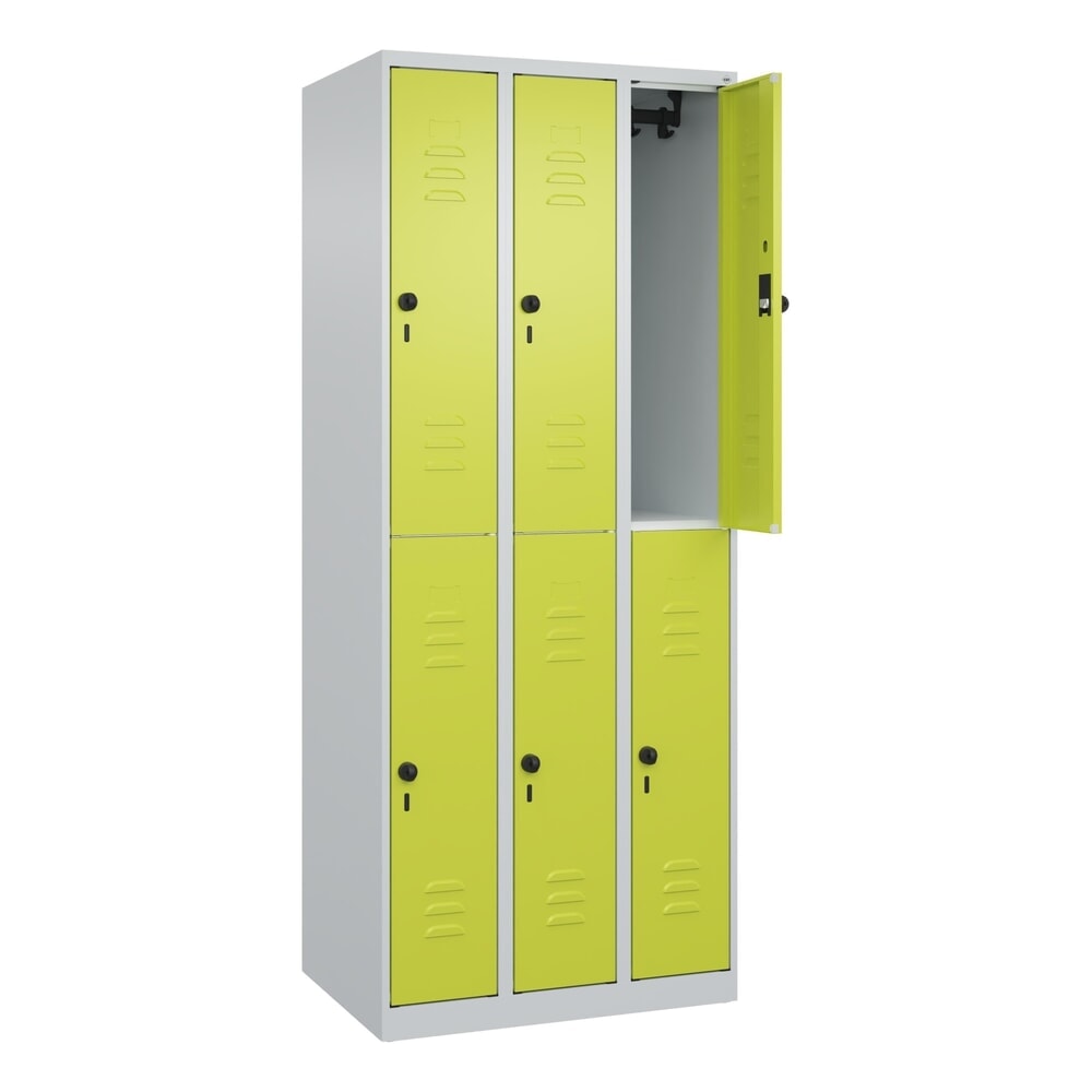 Produktabbildung: C+P Doppelstock-Spind Classic PLUS, 3 Abteile, HxBxT 1.850 x 750 x 500 mm, lichtgrau, clowngrün, für Vorhängeschloss, 6 Fächer