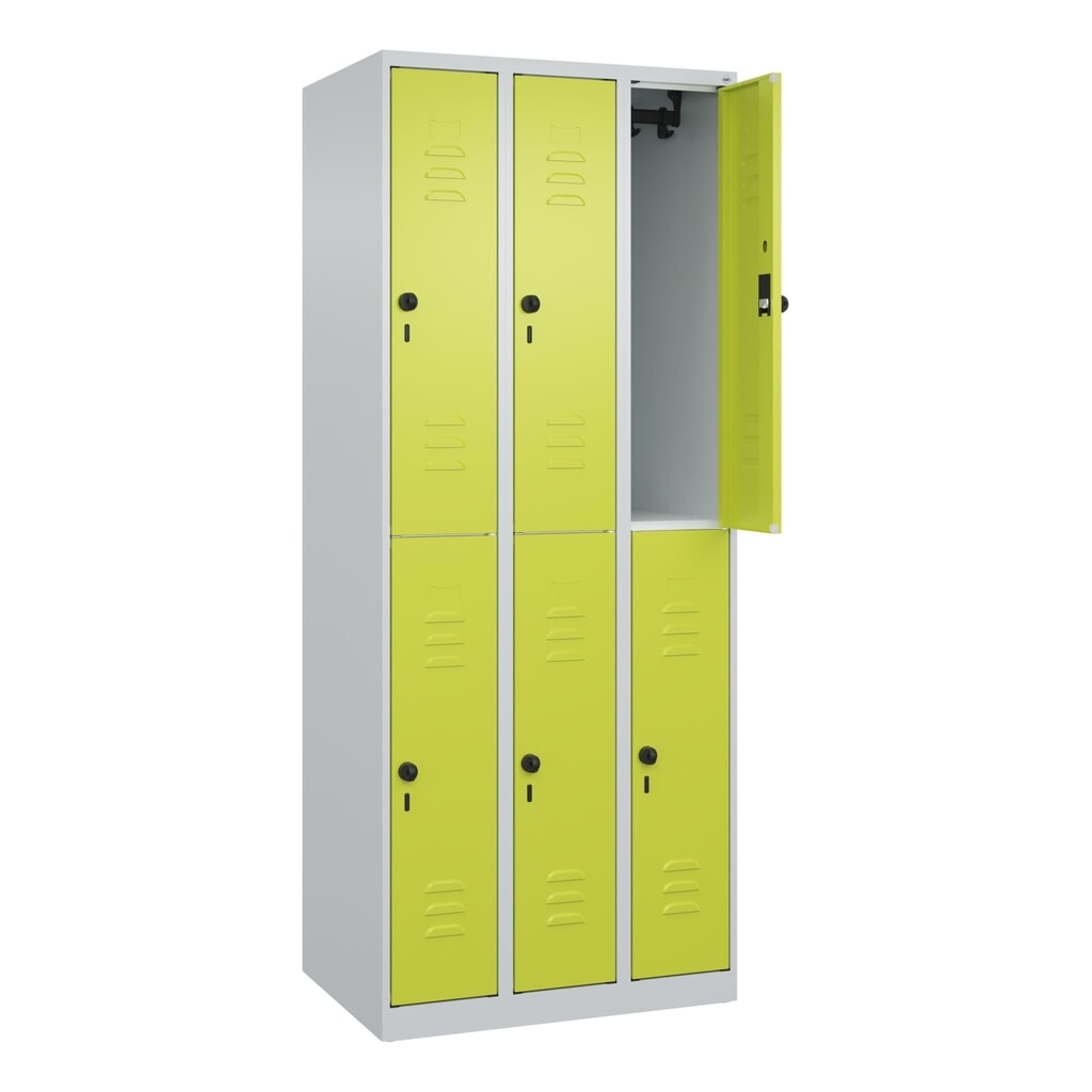 C+P Doppelstock-Spind Classic PLUS, 3 Abteile, HxBxT 1.850 x 750 x 500 mm, lichtgrau, clowngrün, für Vorhängeschloss, 6 Fächer Produktabbildung Nr. 1: C+P Doppelstock-Spind Classic PLUS, 3 Abteile, HxBxT 1.850 x 750 x 500 mm, lichtgrau, clowngrün, für Vorhängeschloss, 6 Fächer