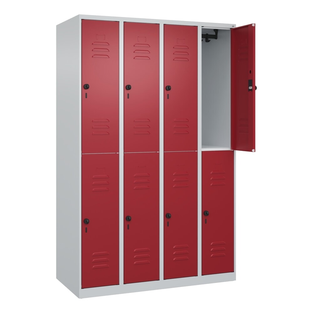 Produktabbildung: C+P Doppelstock-Spind Classic PLUS, 4 Abteile, HxBxT 1.850 x 1.200 x 500 mm, lichtgrau, rubinrot, für Vorhängeschloss, 8 Fächer