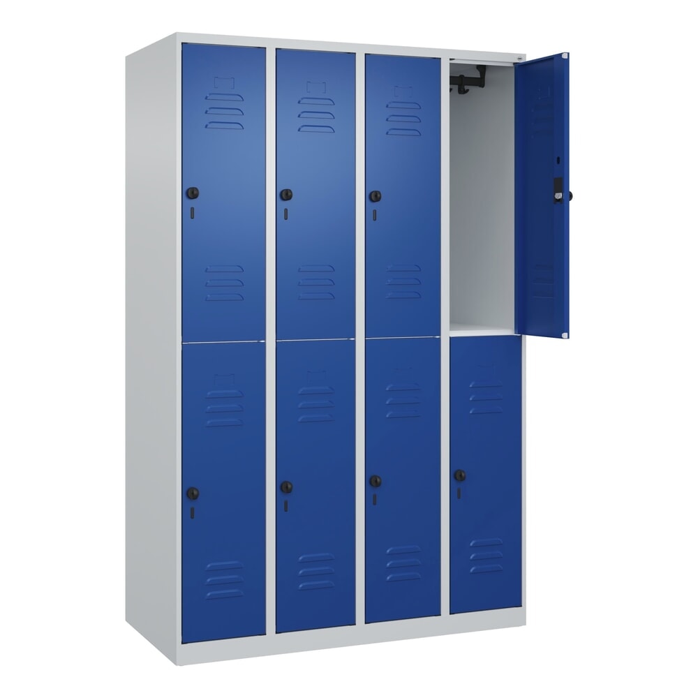 Produktabbildung: C+P Doppelstock-Spind Classic PLUS, 4 Abteile, HxBxT 1.850 x 1.200 x 500 mm, lichtgrau, enzianblau, für Vorhängeschloss, 8 Fächer