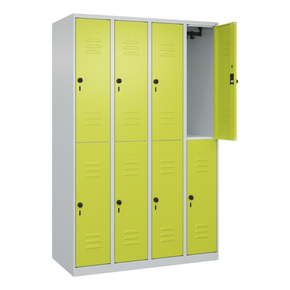 Produktabbildung: C+P Doppelstock-Spind Classic PLUS, 4 Abteile, HxBxT 1.850 x 1.200 x 500 mm, lichtgrau, clowngrün, für Vorhängeschloss, 8 Fächer