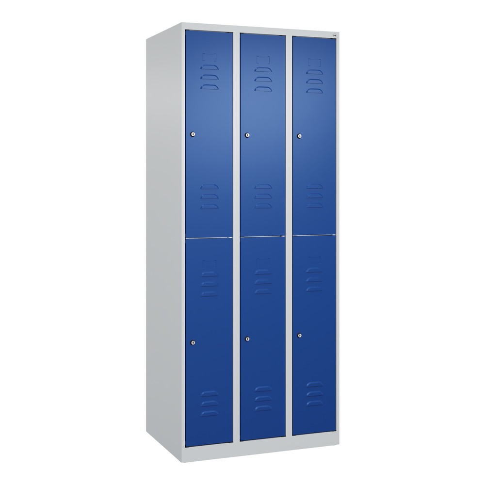 Produktabbildung: C+P Doppelstock-Spind Classic PLUS, 3 Abteile, HxBxT 1.850 x 750 x 500 mm, lichtgrau, enzianblau, Zylinderschloss, 6 Fächer