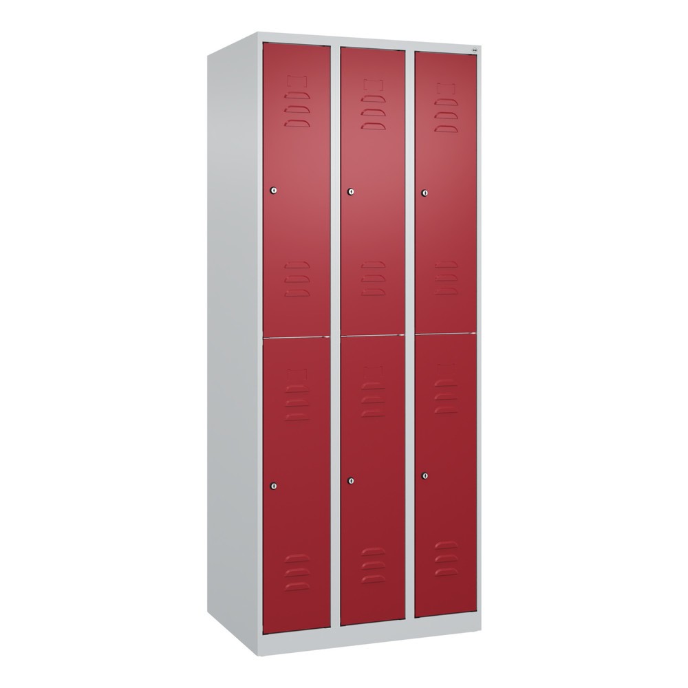 Produktabbildung: C+P Doppelstock-Spind Classic PLUS, 3 Abteile, HxBxT 1.850 x 750 x 500 mm, lichtgrau, rubinrot, Zylinderschloss, 6 Fächer