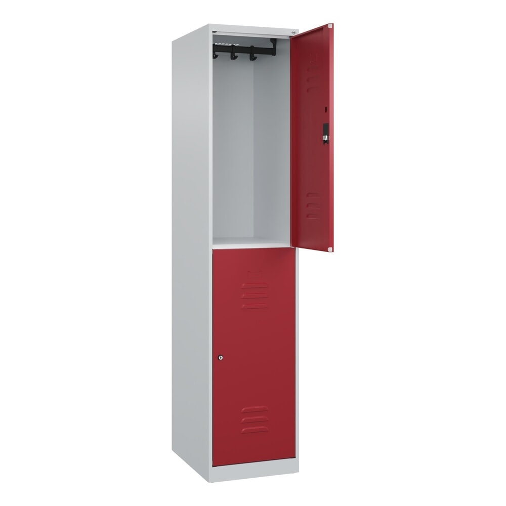 Produktabbildung: C+P Doppelstock-Spind Classic PLUS, 1 Abteil, HxBxT 1.850 x 400 x 500 mm, lichtgrau, rubinrot, Zylinderschloss, 2 Fächer