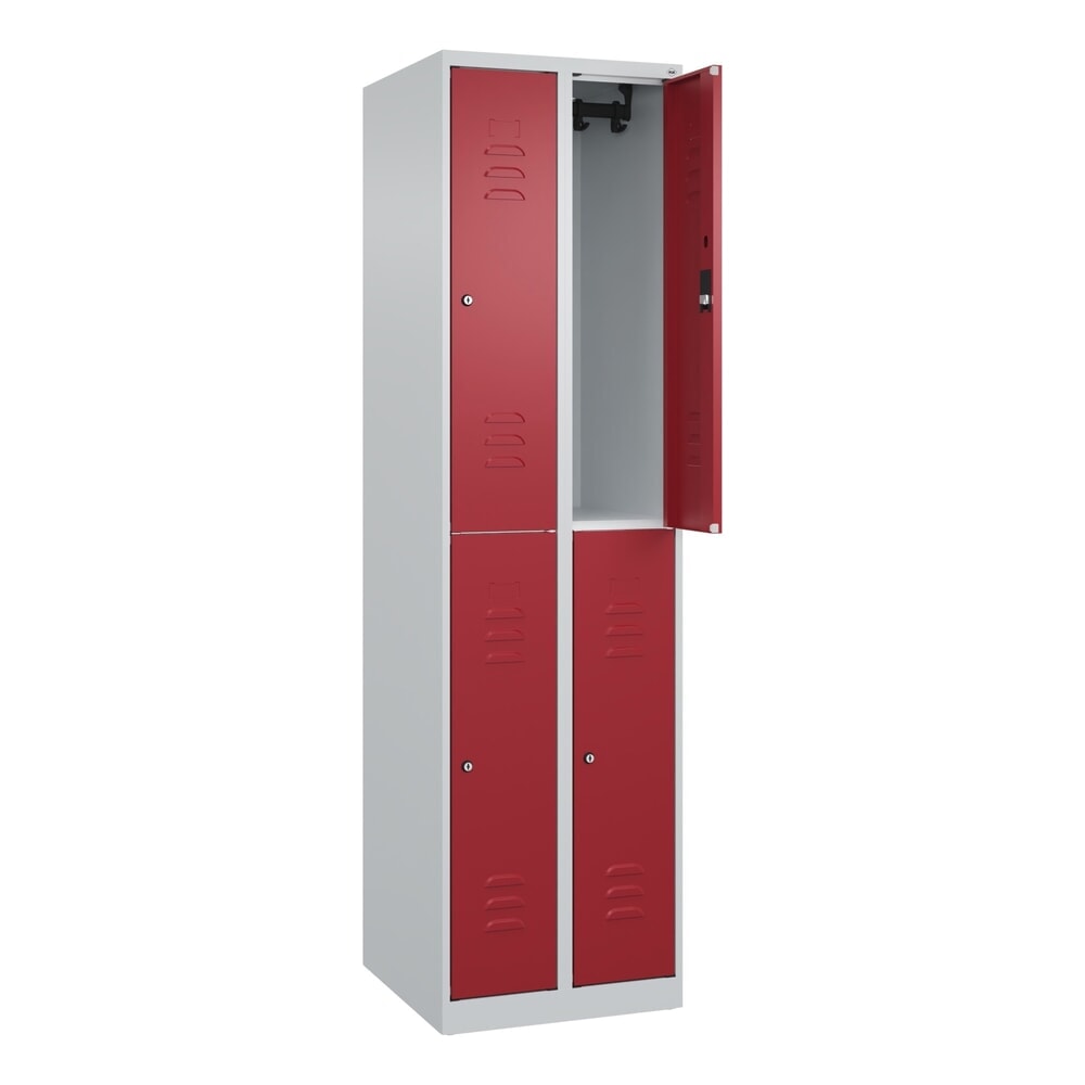 Produktabbildung: C+P Doppelstock-Spind Classic PLUS, 2 Abteile, HxBxT 1.850 x 500 x 500 mm, lichtgrau, rubinrot, Zylinderschloss, 4 Fächer