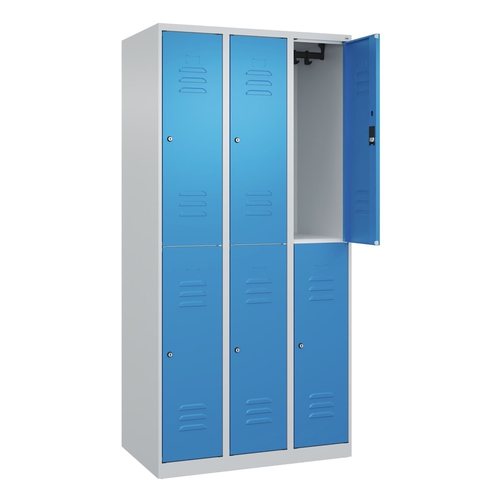 Produktabbildung Nr. 1: C+P Doppelstock-Spind Classic PLUS, 3 Abteile, HxBxT 1.850 x 900 x 500 mm, lichtgrau, lichtblau, Zylinderschloss, 6 Fächer