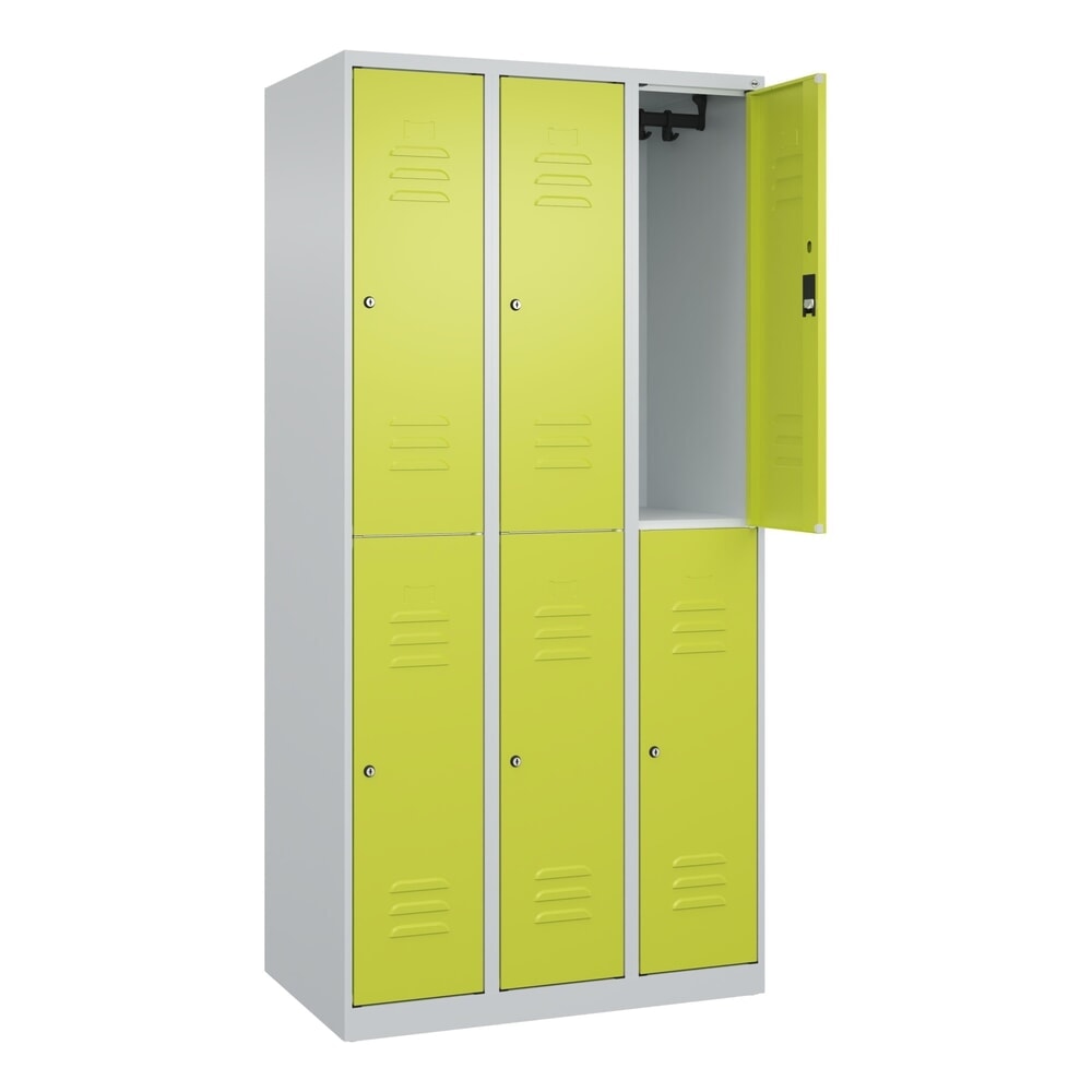Produktabbildung: C+P Doppelstock-Spind Classic PLUS, 3 Abteile, HxBxT 1.850 x 900 x 500 mm, lichtgrau, clowngrün, Zylinderschloss, 6 Fächer
