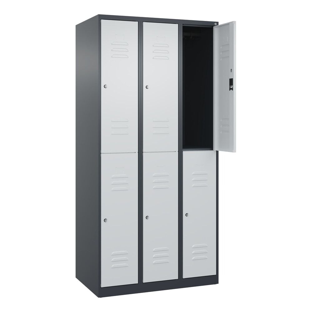Produktabbildung: C+P Doppelstock-Spind Classic PLUS, 3 Abteile, HxBxT 1.850 x 900 x 500 mm, anthrazitgrau, lichtgrau, Zylinderschloss, 6 Fächer