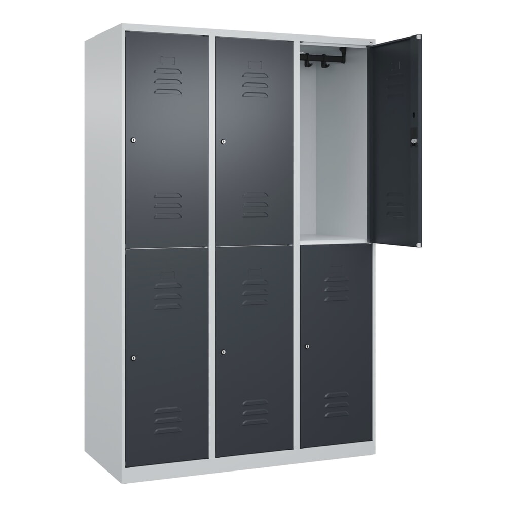 Produktabbildung: C+P Doppelstock-Spind Classic PLUS, 3 Abteile, HxBxT 1.850 x 1.200 x 500 mm, lichtgrau, anthrazitgrau, Zylinderschloss, 6 Fächer