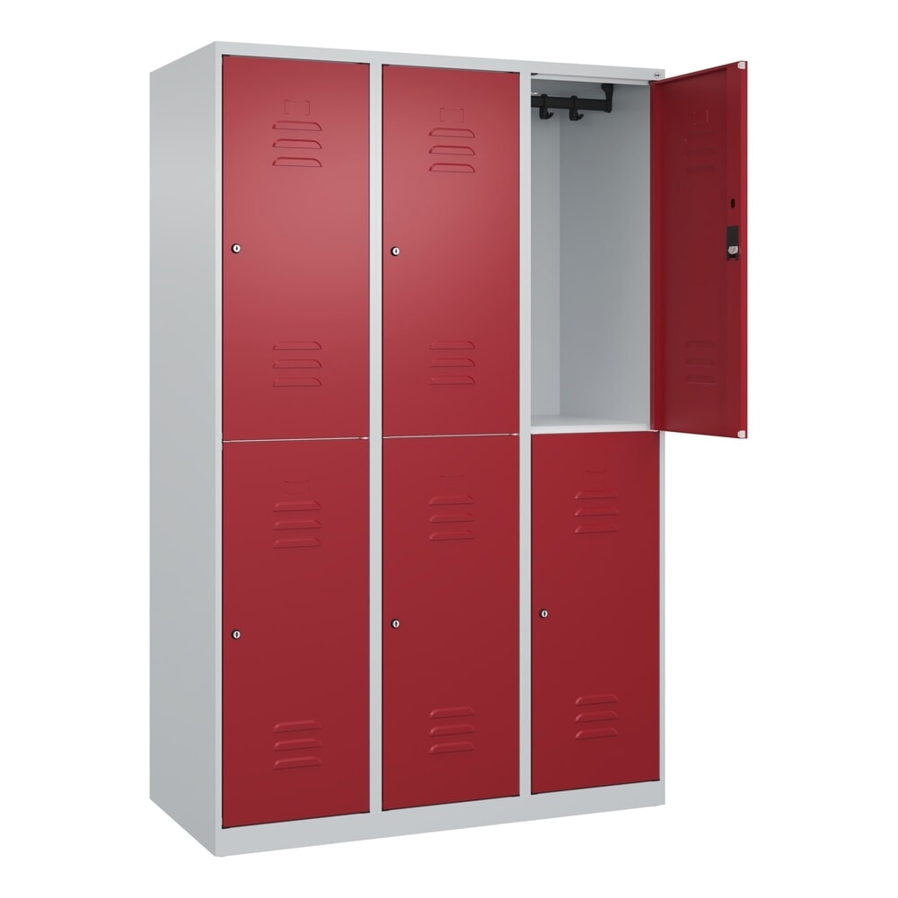 Produktabbildung: C+P Doppelstock-Spind Classic PLUS, 3 Abteile, HxBxT 1.850 x 1.200 x 500 mm, lichtgrau, rubinrot, Zylinderschloss, 6 Fächer