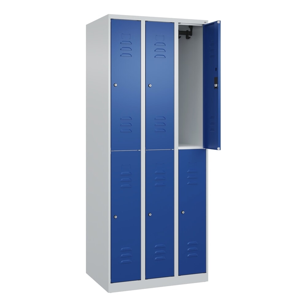 Produktabbildung: C+P Doppelstock-Spind Classic PLUS, 3 Abteile, HxBxT 1.850 x 750 x 500 mm, lichtgrau, enzianblau, Zylinderschloss, 6 Fächer