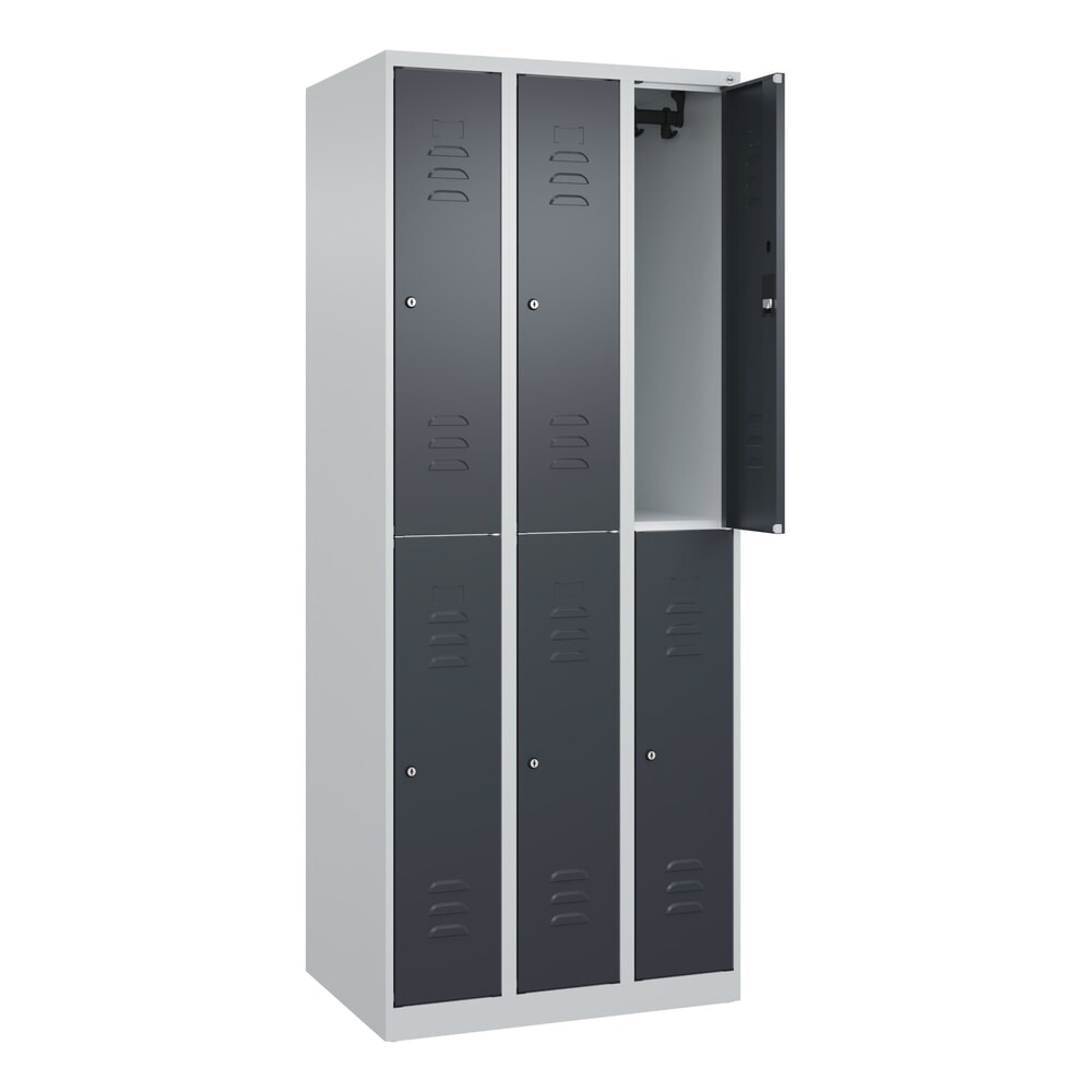 Produktabbildung: C+P Doppelstock-Spind Classic PLUS, 3 Abteile, HxBxT 1.850 x 750 x 500 mm, lichtgrau, anthrazitgrau, Zylinderschloss, 6 Fächer