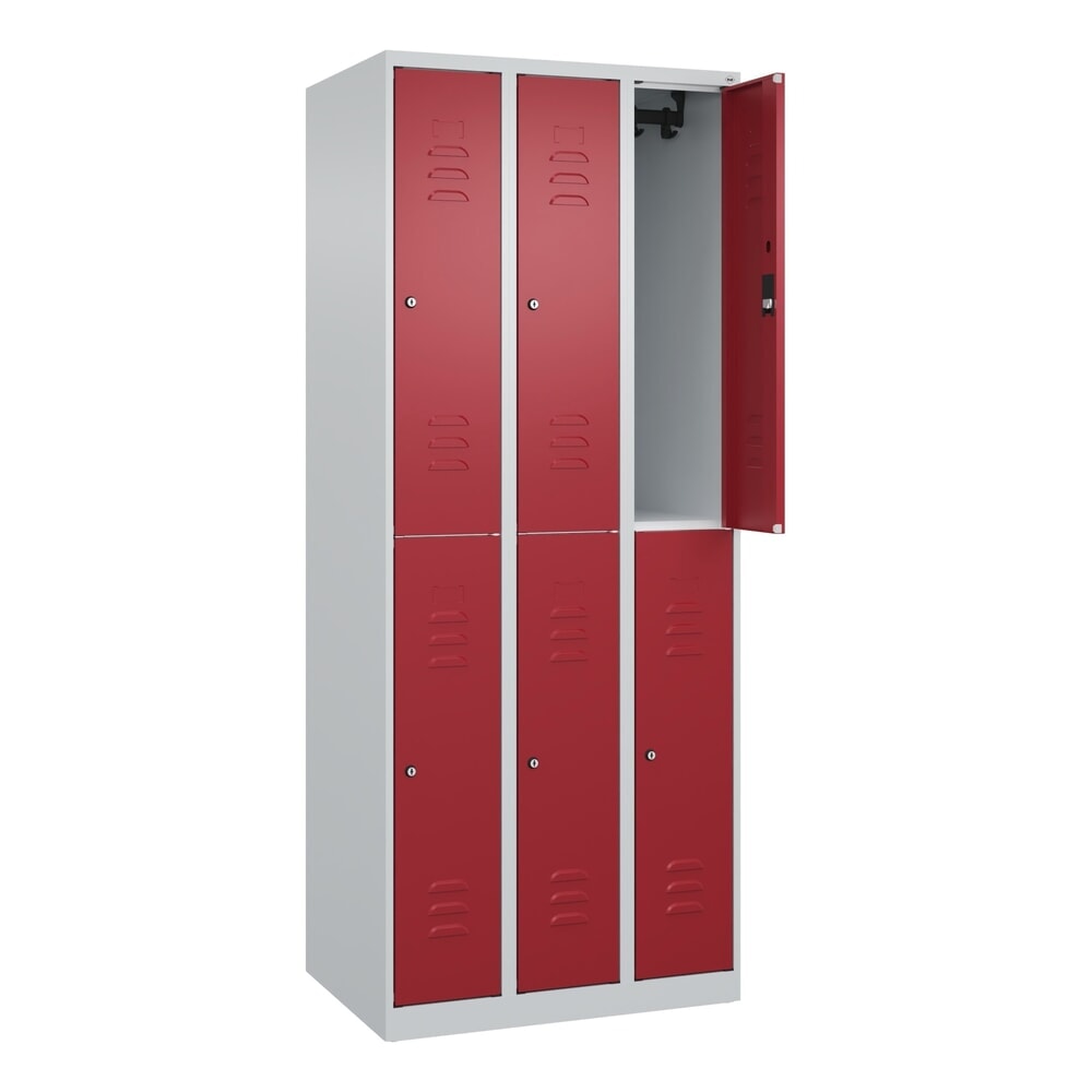 Produktabbildung: C+P Doppelstock-Spind Classic PLUS, 3 Abteile, HxBxT 1.850 x 750 x 500 mm, lichtgrau, rubinrot, Zylinderschloss, 6 Fächer