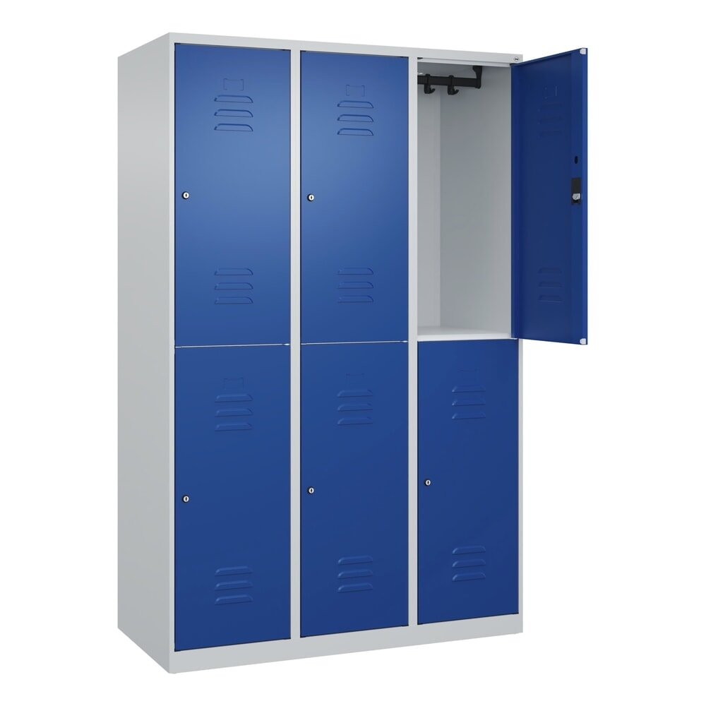 Produktabbildung: C+P Doppelstock-Spind Classic PLUS, 3 Abteile, HxBxT 1.850 x 1.200 x 500 mm, lichtgrau, enzianblau, Zylinderschloss, 6 Fächer