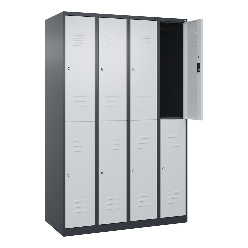Produktabbildung: C+P Doppelstock-Spind Classic PLUS, 4 Abteile, HxBxT 1.850 x 1.200 x 500 mm, anthrazitgrau, lichtgrau, Zylinderschloss, 8 Fächer