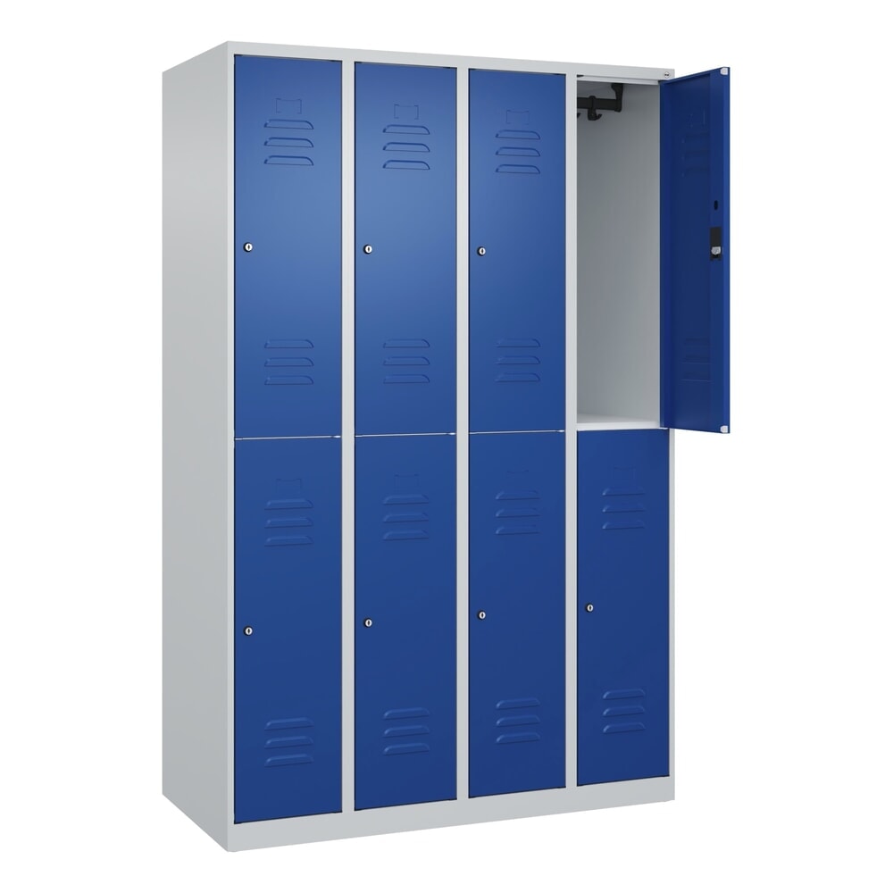Produktabbildung: C+P Doppelstock-Spind Classic PLUS, 4 Abteile, HxBxT 1.850 x 1.200 x 500 mm, lichtgrau, enzianblau, Zylinderschloss, 8 Fächer