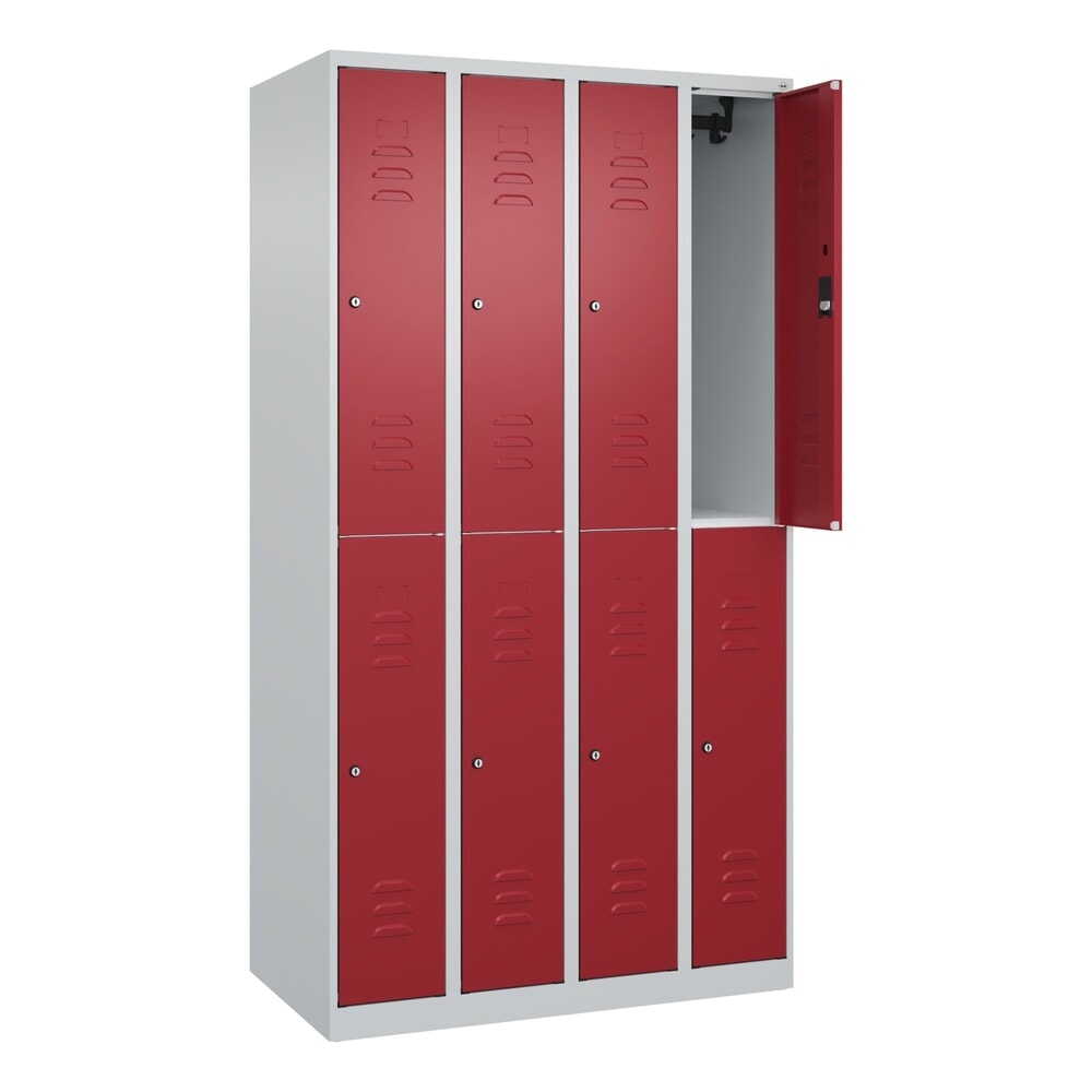 Produktabbildung: C+P Doppelstock-Spind Classic PLUS, 4 Abteile, HxBxT 1.850 x 1.000 x 500 mm, lichtgrau, rubinrot, Zylinderschloss, 8 Fächer